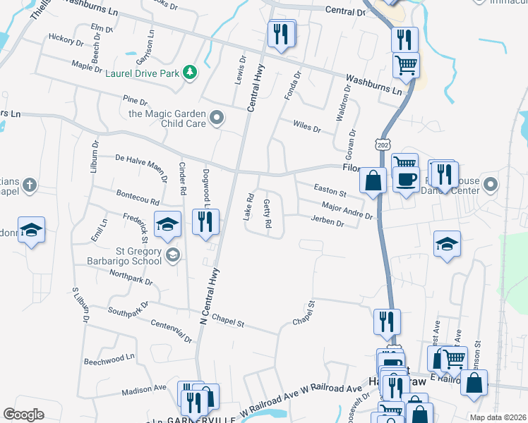 map of restaurants, bars, coffee shops, grocery stores, and more near 11 Getty Road in Stony Point