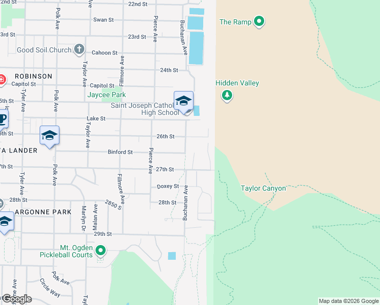map of restaurants, bars, coffee shops, grocery stores, and more near 2651 Shamrock Drive in Ogden