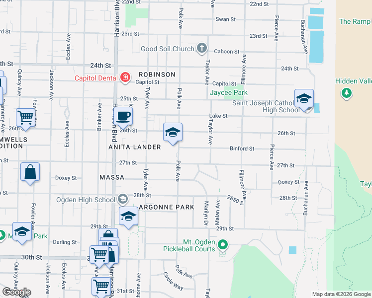 map of restaurants, bars, coffee shops, grocery stores, and more near 1417 Binford Street in Ogden