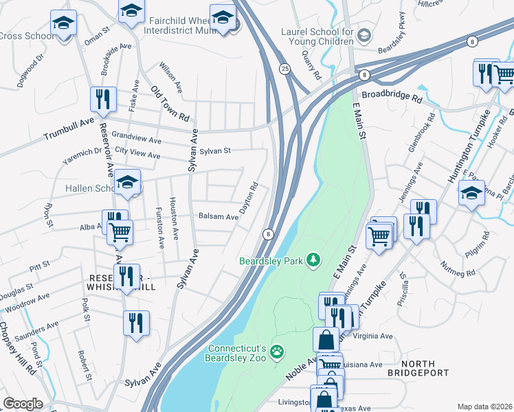 map of restaurants, bars, coffee shops, grocery stores, and more near 245 Hillcrest Road in Bridgeport