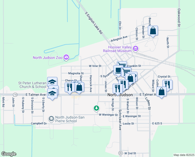map of restaurants, bars, coffee shops, grocery stores, and more near 210 George Street in North Judson