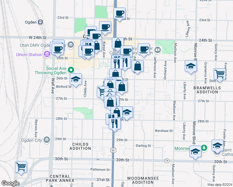 map of restaurants, bars, coffee shops, grocery stores, and more near 2660 South Washington Boulevard in Ogden