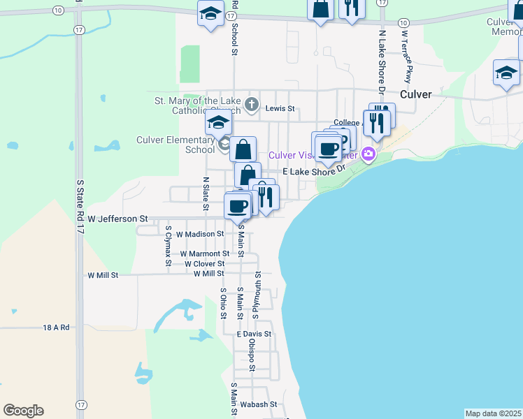 map of restaurants, bars, coffee shops, grocery stores, and more near 110 North Plymouth Street in Culver