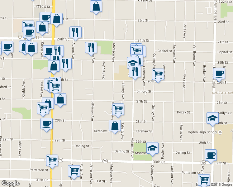 map of restaurants, bars, coffee shops, grocery stores, and more near 723 Binford Street in Ogden