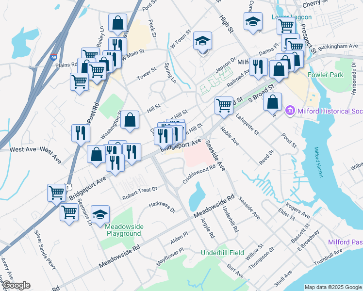 map of restaurants, bars, coffee shops, grocery stores, and more near in Milford