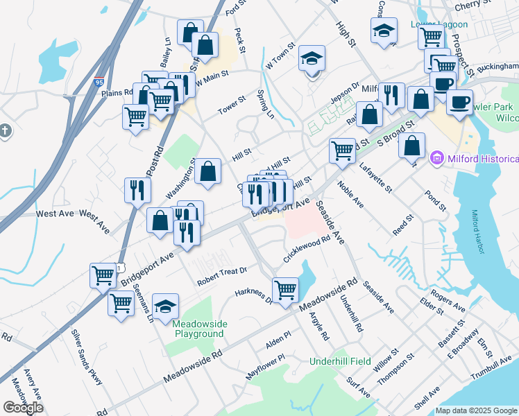 map of restaurants, bars, coffee shops, grocery stores, and more near 1091 Bridgeport Avenue in Milford