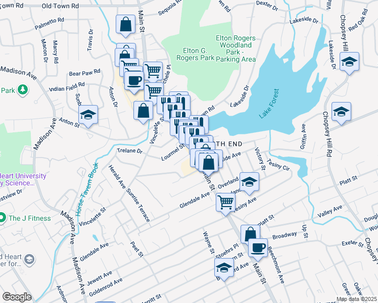 map of restaurants, bars, coffee shops, grocery stores, and more near 48 Marcel Street in Bridgeport