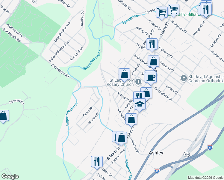 map of restaurants, bars, coffee shops, grocery stores, and more near 81 Ashley Street in Ashley