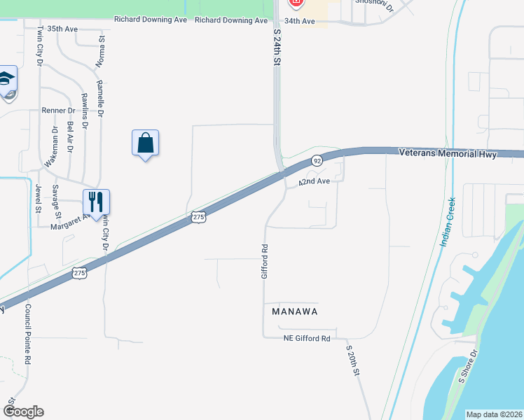 map of restaurants, bars, coffee shops, grocery stores, and more near 4242-4498 Gifford Road in Council Bluffs