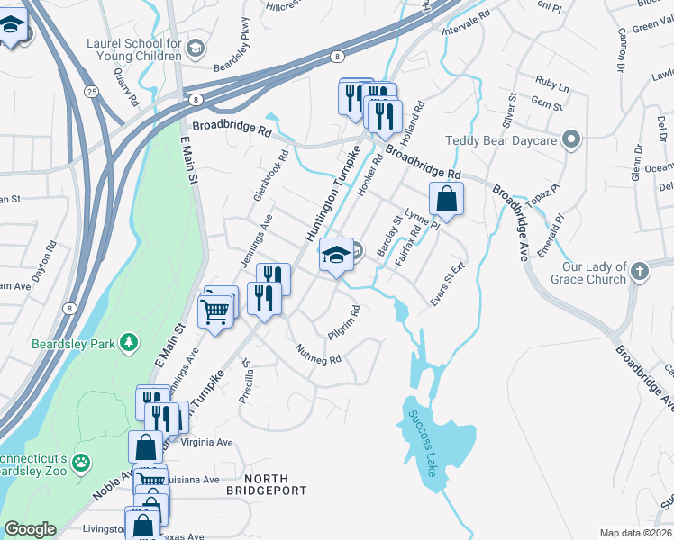 map of restaurants, bars, coffee shops, grocery stores, and more near 89 Roger Williams Road in Bridgeport