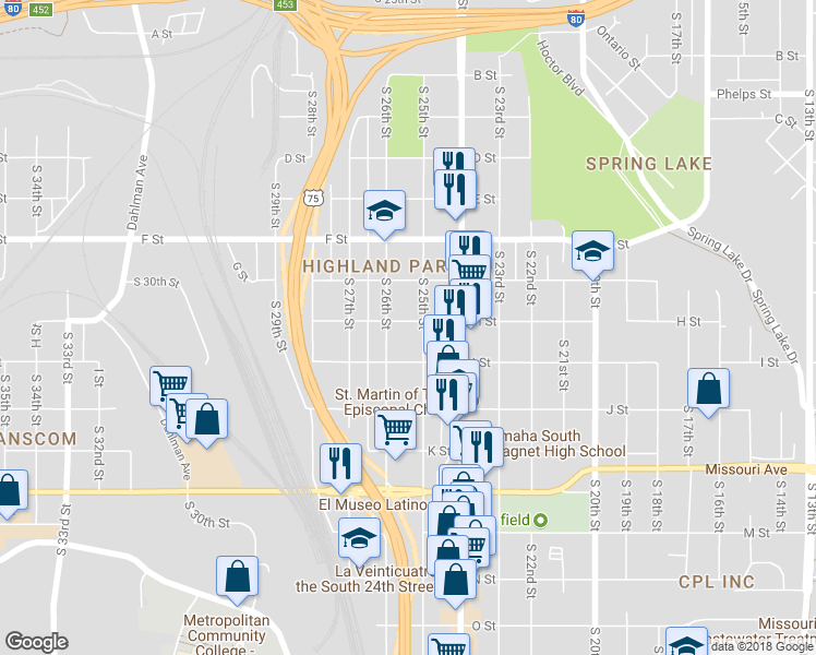 map of restaurants, bars, coffee shops, grocery stores, and more near 2511 H Street in Omaha