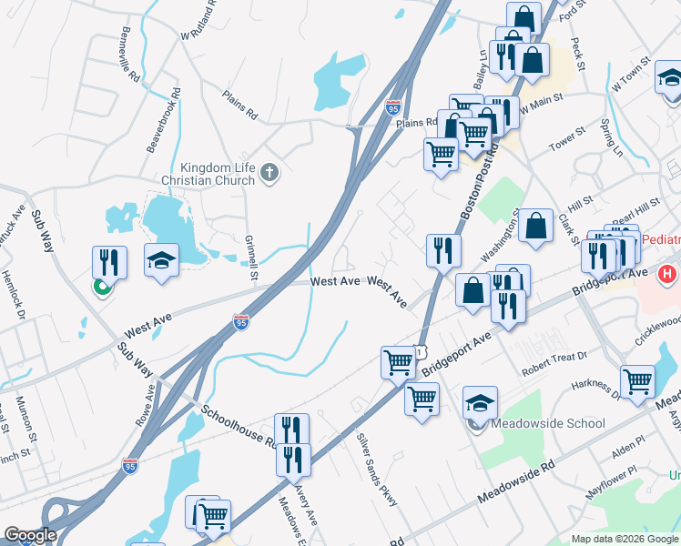 map of restaurants, bars, coffee shops, grocery stores, and more near 13 Mickel Lane in Milford