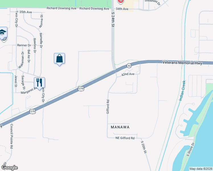 map of restaurants, bars, coffee shops, grocery stores, and more near 4242-4498 Gifford Road in Council Bluffs