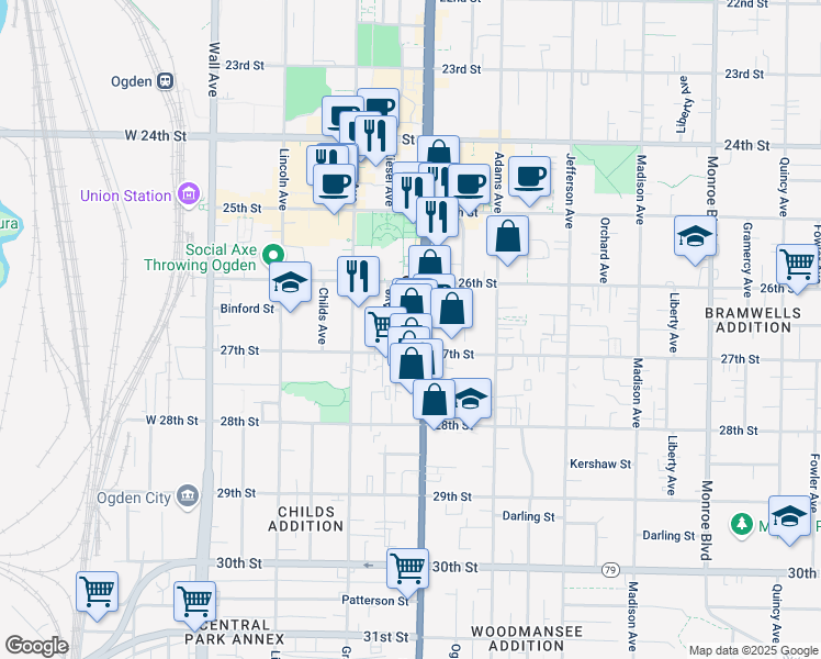 map of restaurants, bars, coffee shops, grocery stores, and more near 2660 South Washington Boulevard in Ogden