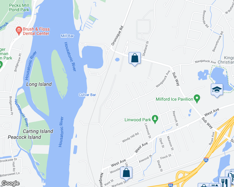 map of restaurants, bars, coffee shops, grocery stores, and more near 25 Woodhill Road in Milford