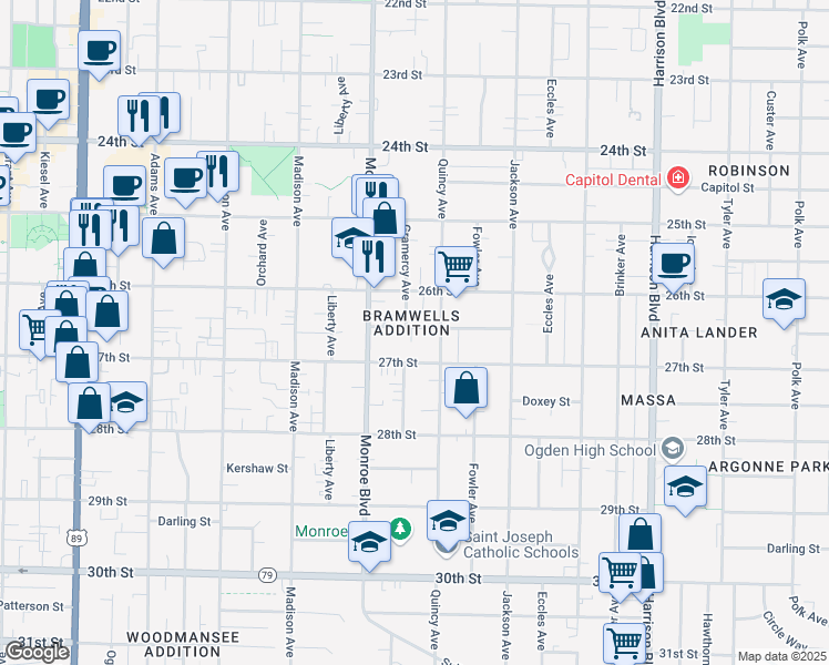 map of restaurants, bars, coffee shops, grocery stores, and more near 2659 Quincy Avenue in Ogden