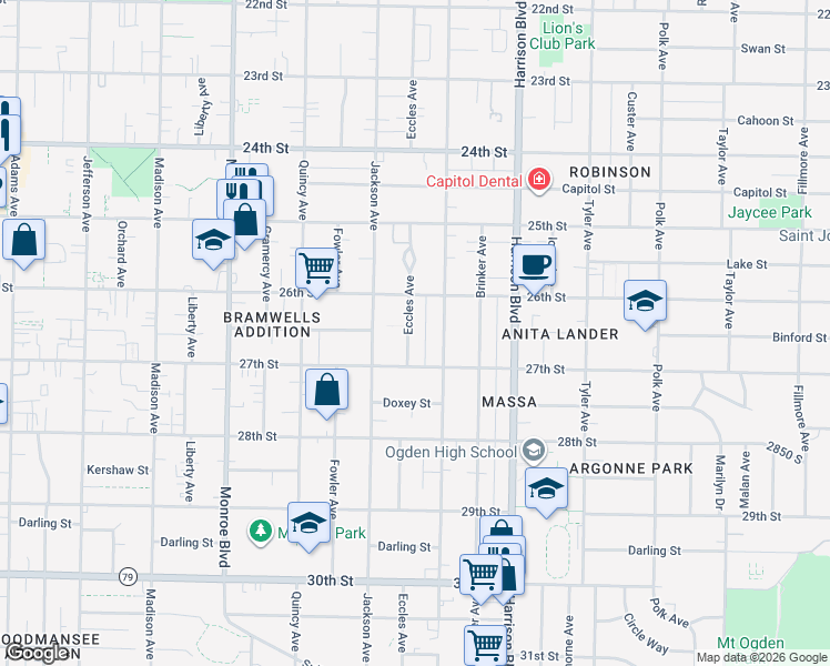 map of restaurants, bars, coffee shops, grocery stores, and more near 2661 Eccles Avenue in Ogden