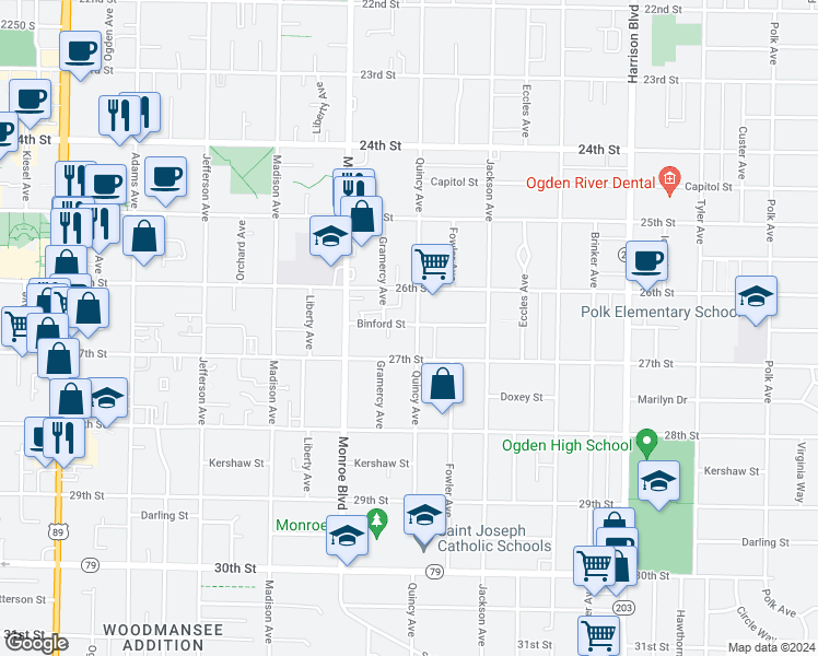 map of restaurants, bars, coffee shops, grocery stores, and more near 2659 Quincy Avenue in Ogden