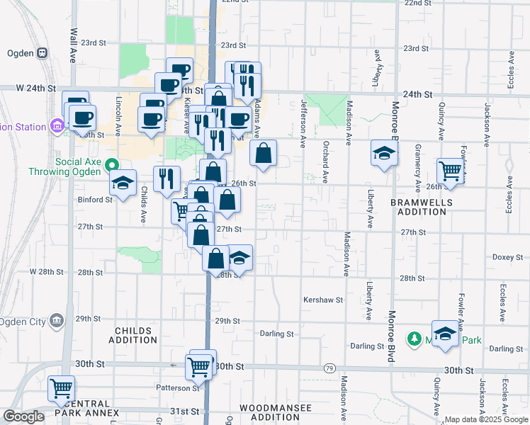 map of restaurants, bars, coffee shops, grocery stores, and more near 2664 Adams Avenue in Ogden