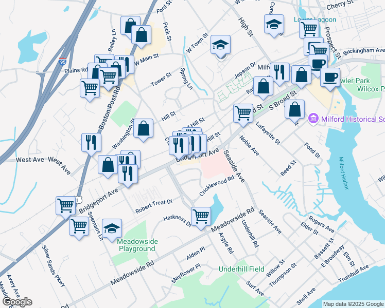 map of restaurants, bars, coffee shops, grocery stores, and more near 1091 Bridgeport Avenue in Milford