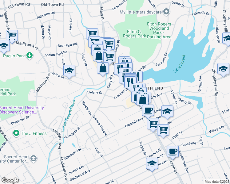 map of restaurants, bars, coffee shops, grocery stores, and more near 110 Lourmel Street in Bridgeport