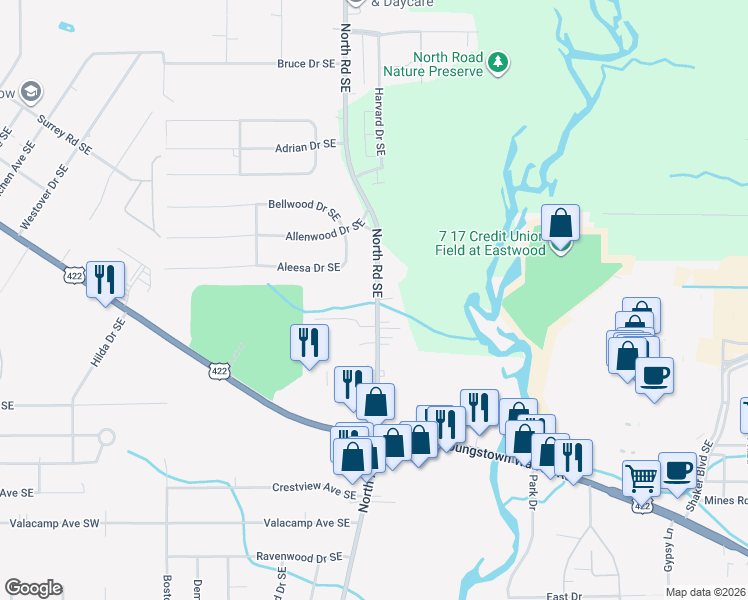 map of restaurants, bars, coffee shops, grocery stores, and more near 1545 North Road Southeast in Warren