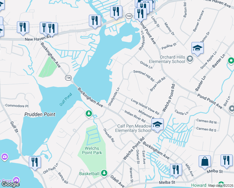 map of restaurants, bars, coffee shops, grocery stores, and more near 45 Shadyside Lane in Milford