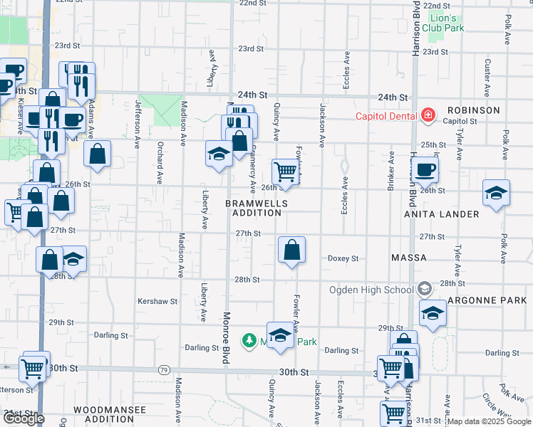 map of restaurants, bars, coffee shops, grocery stores, and more near 877 Binford Street in Ogden