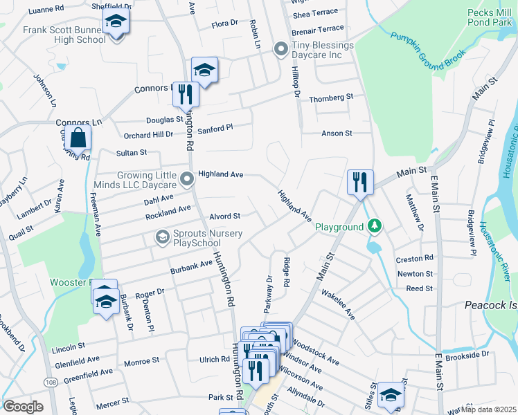 map of restaurants, bars, coffee shops, grocery stores, and more near 70 Lindas Run in Stratford