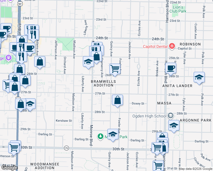 map of restaurants, bars, coffee shops, grocery stores, and more near 873 Binford Street in Ogden