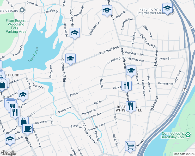 map of restaurants, bars, coffee shops, grocery stores, and more near 45 Stone Ridge Road in Bridgeport