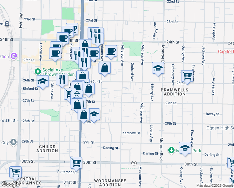 map of restaurants, bars, coffee shops, grocery stores, and more near 576 Sellwood Court in Ogden