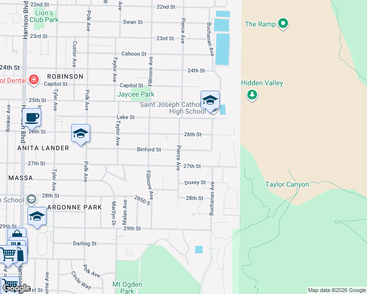 map of restaurants, bars, coffee shops, grocery stores, and more near 1710 Binford Street in Ogden