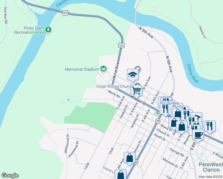 map of restaurants, bars, coffee shops, grocery stores, and more near 100-126 Merle Road in Clarion
