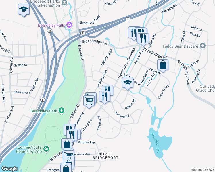 map of restaurants, bars, coffee shops, grocery stores, and more near 220 Kensington Place in Bridgeport