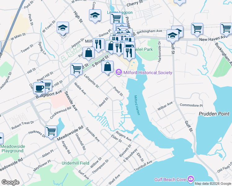 map of restaurants, bars, coffee shops, grocery stores, and more near 39 Pond Street in Milford