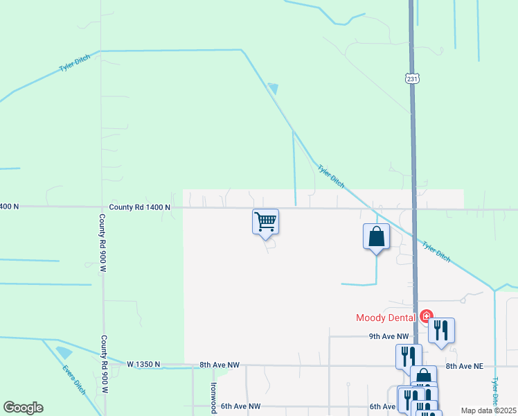 map of restaurants, bars, coffee shops, grocery stores, and more near County Road 1400 North in De Motte