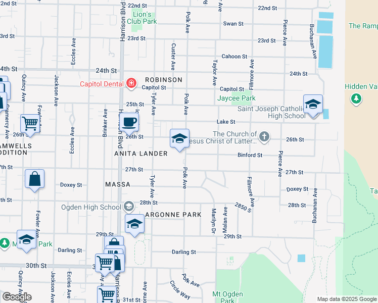 map of restaurants, bars, coffee shops, grocery stores, and more near 1421 Binford Street in Ogden