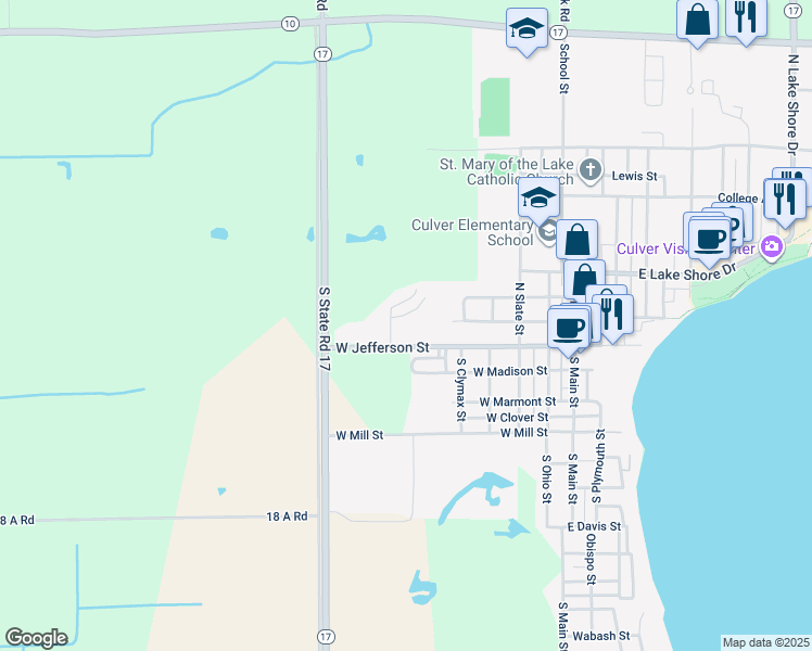 map of restaurants, bars, coffee shops, grocery stores, and more near 514 West Jefferson Street in Culver