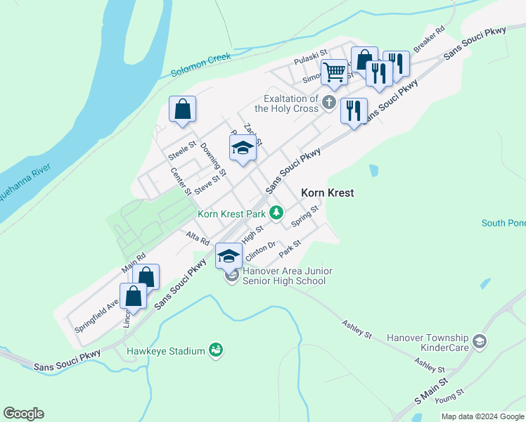 map of restaurants, bars, coffee shops, grocery stores, and more near 52 Diamond Street in Wilkes-Barre