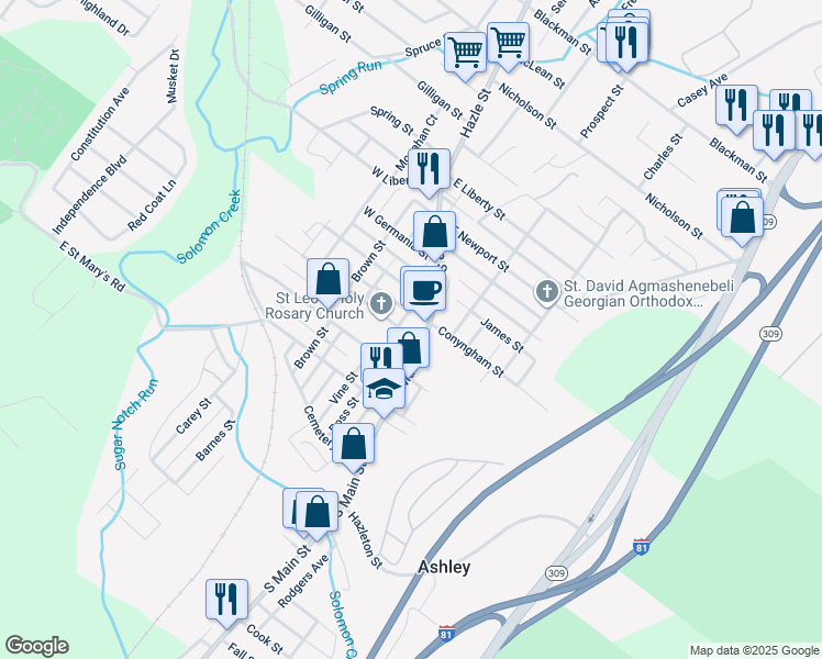 map of restaurants, bars, coffee shops, grocery stores, and more near 14 Manhattan Street in Ashley
