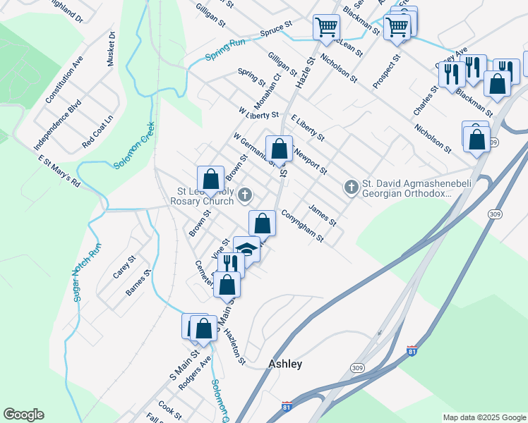 map of restaurants, bars, coffee shops, grocery stores, and more near 14 Manhattan Street in Ashley