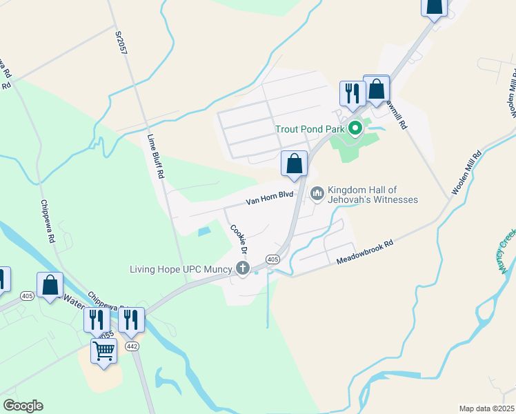 map of restaurants, bars, coffee shops, grocery stores, and more near 79 T-699 in Muncy