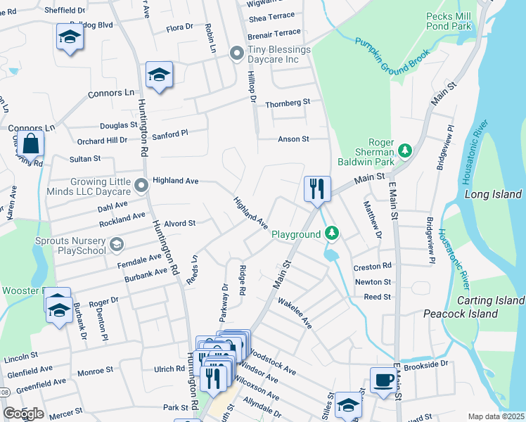 map of restaurants, bars, coffee shops, grocery stores, and more near 181 Highland Avenue in Stratford
