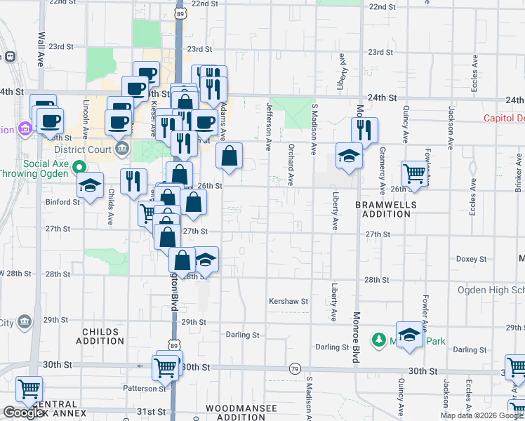 map of restaurants, bars, coffee shops, grocery stores, and more near 564 Sellwood Court in Ogden