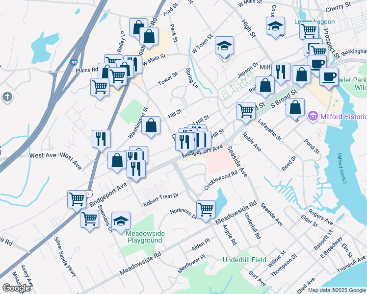 map of restaurants, bars, coffee shops, grocery stores, and more near 1091 Bridgeport Avenue in Milford