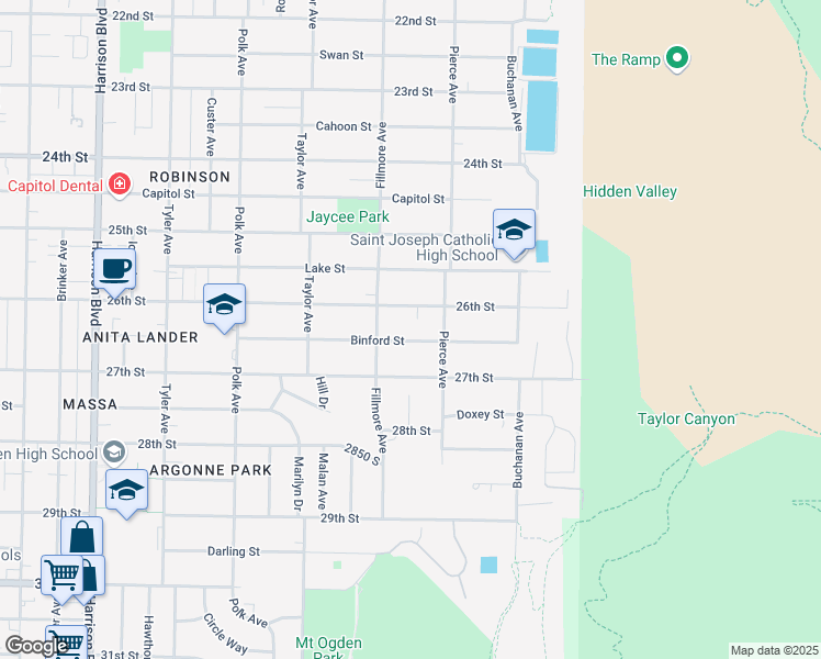 map of restaurants, bars, coffee shops, grocery stores, and more near 1645 Binford Street in Ogden