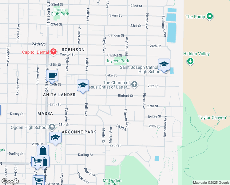 map of restaurants, bars, coffee shops, grocery stores, and more near 1531 Binford Street in Ogden