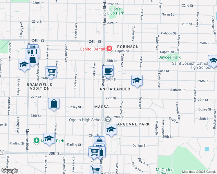 map of restaurants, bars, coffee shops, grocery stores, and more near 2656 Harrison Boulevard in Ogden