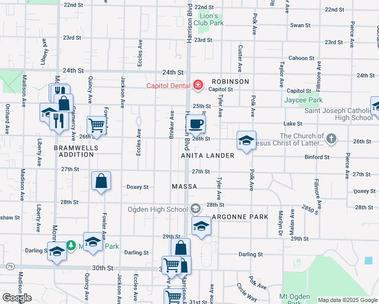 map of restaurants, bars, coffee shops, grocery stores, and more near 2656 Harrison Boulevard in Ogden